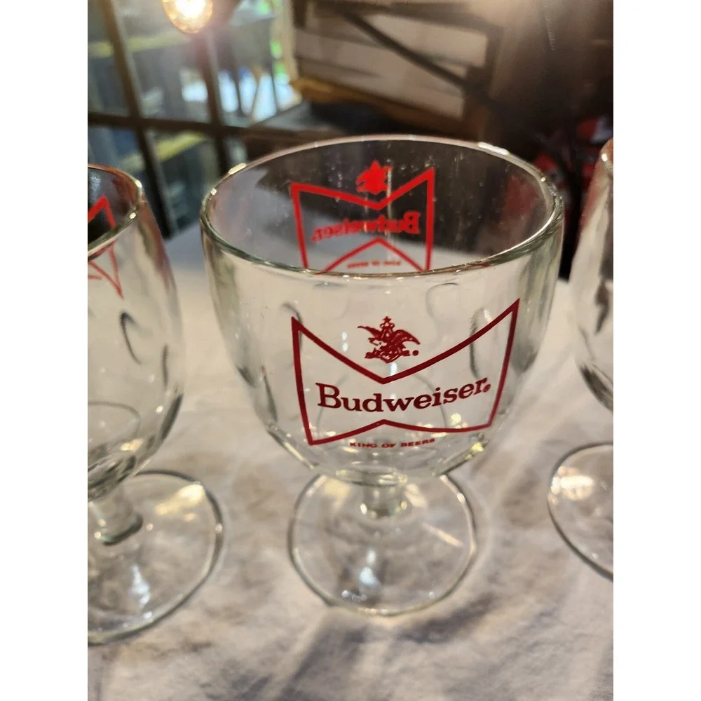 (3) Vintage Budweiser King Of Beers Bowtie Thumbprint Goblet 5.5 Inch Short Stem